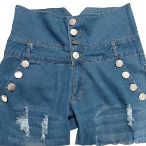High Waisted Corset Skinny Jeans Blue Distressed Multi Button V-Back Size L
